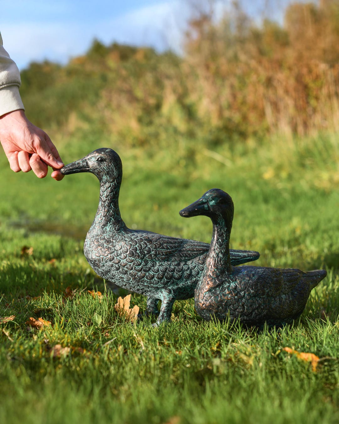 Verdigris Duck Garden Sculpture, Cast Aluminium, Garden Decoration