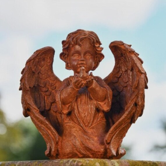 Rustic Cast Iron Sitting Winged Angel with Bird Cherub Garden Statue Figurine 