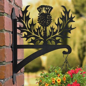 May include: Black metal hanging plant bracket with a thistle design. The bracket is attached to a brick wall and a hanging flower pot is attached to the bracket.