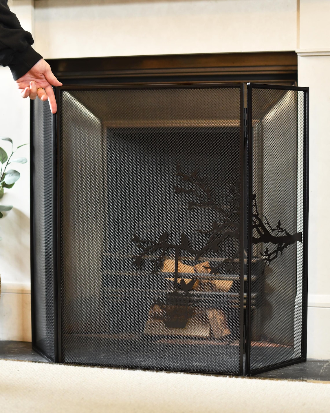 Black Three Fold Ornate Fire Guard, Bird & Tree Design, Mesh Guard ...