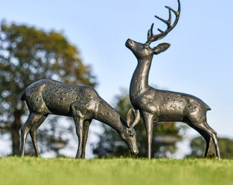 Pair of Miniature Aged Verdigris Stag & Doe Garden Sculptures/Animal Sculptures/Deer and Stag Sculptures/Life Like Sculpture, Statues