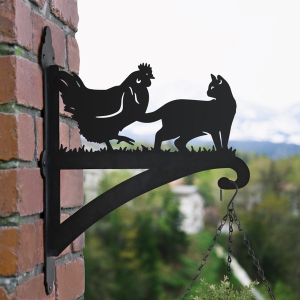 Cat & Chicken Iron Hanging Basket Bracket, Farmhouse Garden Decor
