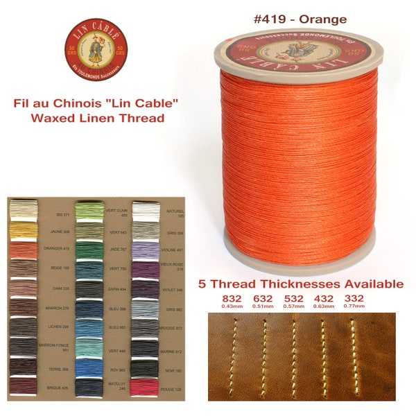 Fil Au Chinois 50g "Lin Cable" WAXED LINEN - #419 ORANGE - for solid stitching, 5 thicknesses available - Made in France