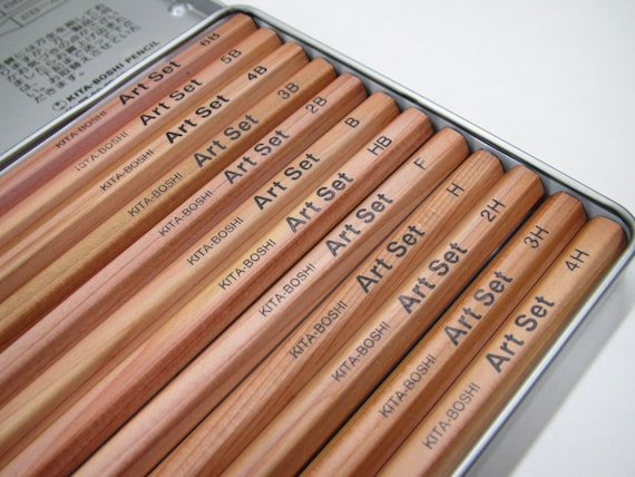 KITABOSHI 9900 Art Set of 12 Pencils 4H to 6B in a Metal Tin Made