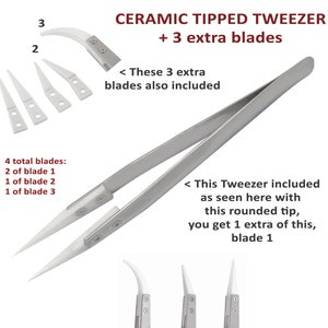 Ceramic Tipped Stainless Steel Tweezer + 3 extra tips, high heat, magnetic, electrical applications