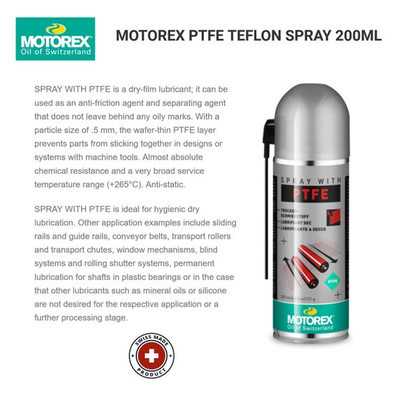 Motorex Teflon Spray with PTFE 200ml - Made in Switzerland - Dry lubricant  used as an anti-friction agent and separating agent