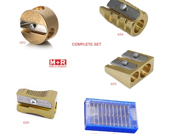 Complete set of 4 Styles of Mobius + Ruppert (M+R) Brass Pencil Sharpeners + 10 Replacement Blades - Finest in the world - MADE in GERMANY