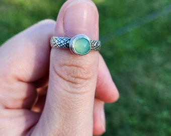 Green chrysoprase dragon ring. Adjustable. 925 sterling silver. Oxidized.