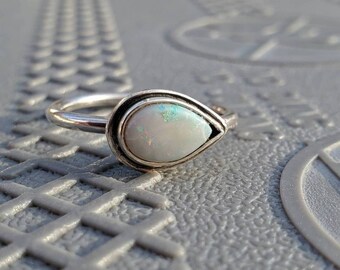 Natural white opal silver ring. Size 9. October birthstone. AA grade opal. Sterling silver.