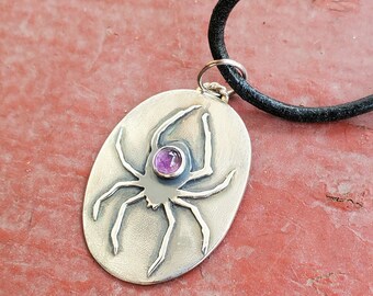 Amethyst spider pendant. February birthstone. 925 sterling silver. oxidized. Necklace options available!