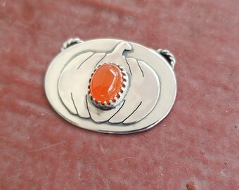 Pumpkin necklace. Carnelian stone. 925 sterling silver. Black necklace cord. 18inch long. Oxidized.