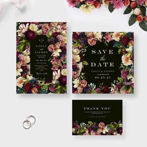 Vintage Romantic Flowers Wedding Invitation, Dark Moody Floral Save the Date Card, Elegant Wedding Thank You Notes