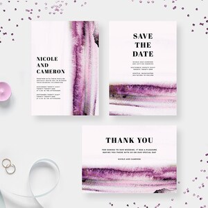 Watercolor Wedding Invitation Template Set, Anniversary Wedding Suite Digital Download, Burgundy Thank You Card and Save the Date