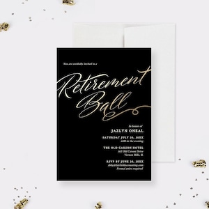 Modèle d'invitation de fête de bal de la retraite, invitations élégantes de retraite en noir et or, cartes imprimables de retraite, retraite d'employé