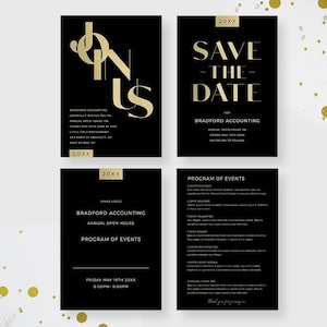 Conjunto de convites para Open House anual, cartões elegantes para salvar a data, modelo editável para cerimônia de programa de eventos empresariais, aniversário de trabalho
