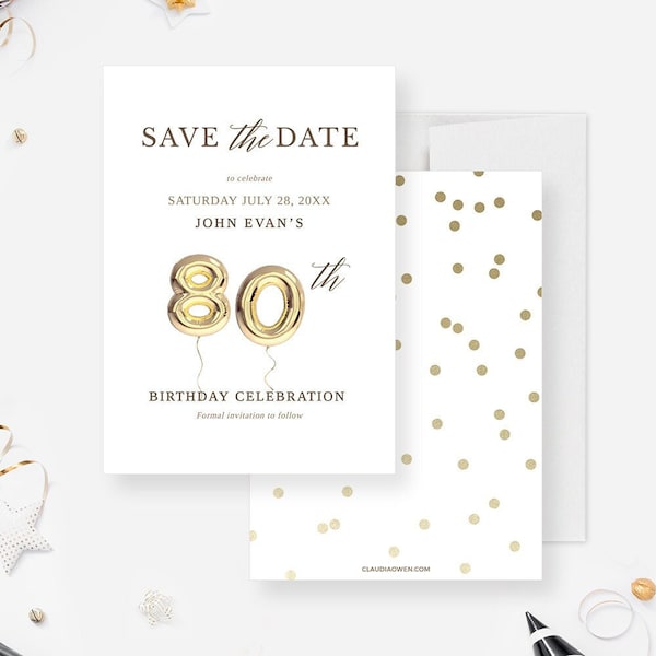 80th Save the Date Card Edit Yourself Template, Eightieth Eighty Birthday Balloon Digital Download, 80th Business Wedding Anniversary