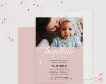 Baby Girl Photo Baptism Party Invitation Editable Template, Minimalist Baptism Digital Download, Printable Baptism Invites, Baptism Cards