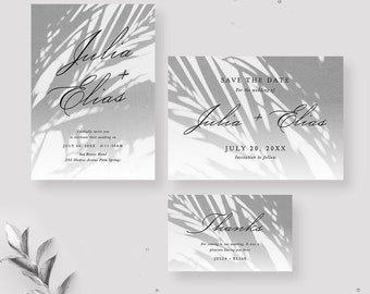 Summer Wedding Invitation Set, Custom Thank You Card and Save the Date, Spring Garden Tropical Wedding Invites Suite, Palm Tree Shadow