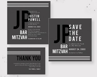 Modern Minimalist Bar Mitzvah Invitation, Religious Celebration Mitzvah Invites, Personalized Mitzvah Save the Date, Mitzvah Thank You Cards
