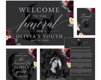 Funeral for my Youth Party Invitation Matching Set Editable Template, Funeral Birthday RIP 20s 30s, Obituary Welcome Sign Gift Tag Bundle