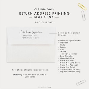 May include: A white envelope with a return address printed in black ink. The address reads "Amelin Brown, 378 Linden Street, Fort Myers, FL 33905". The text "Return address printed in black" is also included. The text "Perfect for light colored envelopes" is included, followed by a list of envelope colors: White, Cream, Kraft, Smoke, Ice Pearl Metallics, Gold Metallics, Silver Metallics, Waste Not Pool, Waste Not Luxe Blush, Waste Not Peacock, Waste Not Coral, Pop-Tone Razzle Berry, Pop-Tone Lemon Drop.