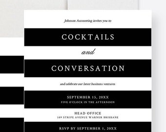 Business Cocktails and Conversation Invitation Editable Template, Corporate Work Printable Digital Download,  Black and White Stripes