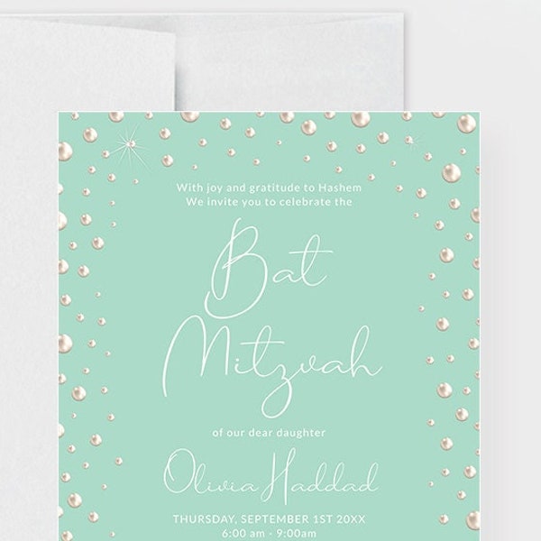 Pearl Themed Bat Mitzvah Digital Download Invitations, Mint Teal Color Pearl Quinceanera, 16th 17th 18th 21st 30th 40th 50th Birthday