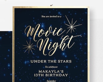 Movie Night Birthday Party Invitation Editable Template, Backyard Outdoor Movie Night Printable Invites, At The Movies Digital Download