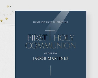 First Holy Communion Invitation Editable Template, Printable Religious Invitation for Boys, Minimalist Communion Invites, Instant Download