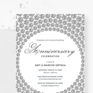 60e modèle d'Invitation de fête d'anniversaire de mariage diamant, 30e 40e 50e 70e fête d'anniversaire Bling invite téléchargement numérique