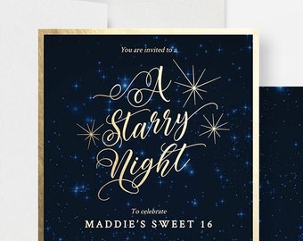 A Starry Night Sweet 16 Birthday Printable Party Invitations, Prom Graduation Party, Sweet Sixteen, Celestial Quinceanera Digital Invites