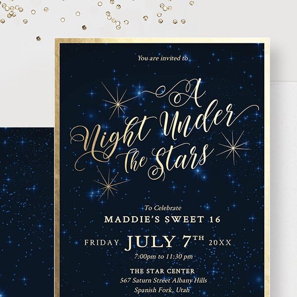 Sweet 16 Teen Birthday Printable Party Invitation Under the Stars, Sweet Sixteen Starry Night Sky, Quinceanera Editable Invitation