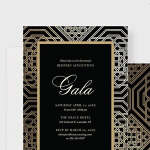 May include: Black and gold geometric patterned invitation for a gala hosted by Redfern Accounting. The invitation includes the date, time, location, and RSVP information.