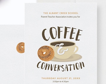 Kaffee und Konversationsparty Einladung bearbeitbare Vorlage, Kaffee und Bagel druckbarer digitaler Download, Frühstück einladen Kaffeetasse