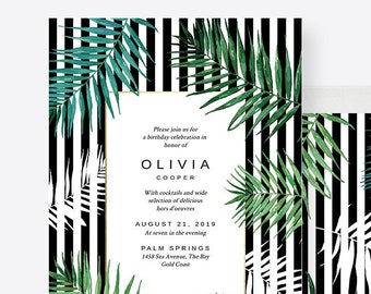 Tropical Themed Birthday Party Invitation, Botanical Greenery Summer Celebration, Hawaiian Invitation Palm Green Leaf