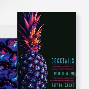 May include: A neon purple and blue pineapple with a black background. The text "COCKTAILS" is in blue and white. The text "JOIN US FOR A FUN NIGHT OUT TO CELEBRATE ANN'S BIRTHDAY" is in white. The text "10.10.XX AT 7PM" is in pink. The text "THE BRISBANE COCKTAIL BAR 503 SUMMER AVENUE SPRING HILL RSVP BY 10.01.XX DINNER, COCKTAILS & DANCING" is in white.