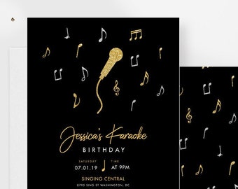 Karaoke Party Printed Invitation, Microphone Musical Notes Sing Along Invites, Singing Karaoke Birthday, Music Karaoke Night, Disco Party