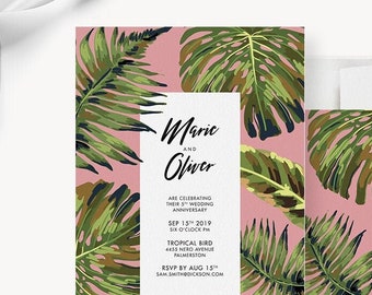 Wedding Anniversary Party Invitation, Tropical Theme Celebration Fern Leaves, Green Palm Leaves, Botanical Spring Invites Modern Greenery