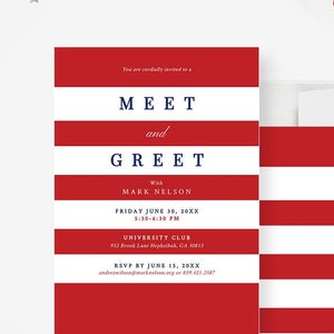 May include: Red and white striped invitation card with the text "Meet and Greet with Mark Nelson" and details for a party on Friday, June 30th, 20XX at the University Club.