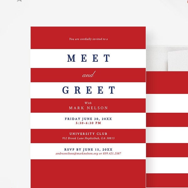 Meet and Greet Invitation Editable Template, Red and White Stripes Political Party, Corporate Business Digital Download