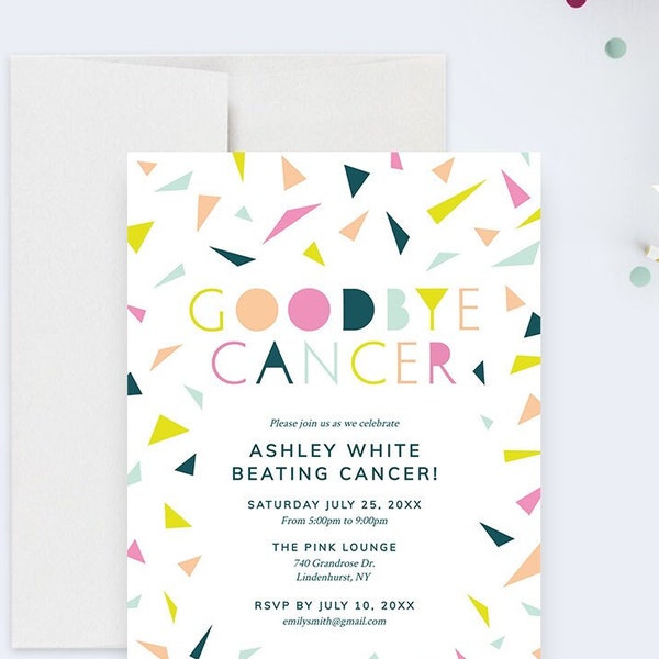 Goodbye Cancer Party Invitation Editable Template, Colorful Cancer Survivor Digital Download, Cancer Warrior Printable Invites