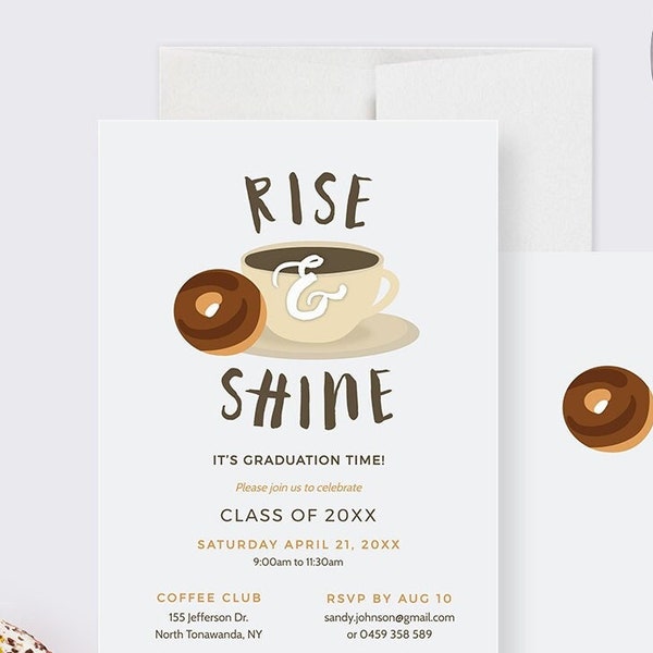 Rise and Shine Party Invitation Editable Template, Coffee and Donut Graduation Party Printable Digital Download, Birthday Breakfast Invite
