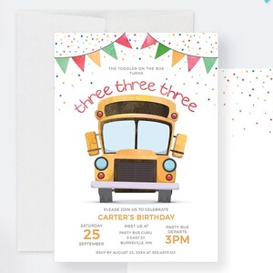 3rd Third Birthday Party Invitation Editable Template, School Bus Printable Digital Download, Wheels on the Bus Invitation Turning 3 Three