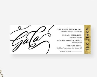 Formal Gala Ticket Template, Admit One Printable Digital Download, Elegant Ticket Invitation Event Tickets in Black White and Gold