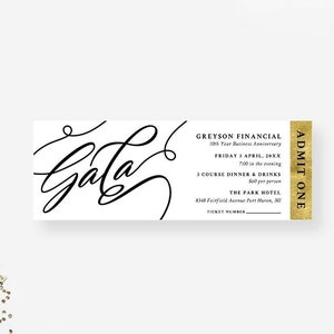 Modèle de billet de gala formel, admettez un téléchargement numérique imprimable, élégant billet Invitation billets d'événement en noir blanc et or