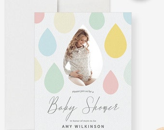 Photo Baby Shower Party Invitation Editable Template, Baby Boy Shower Invite Watercolor Raindrops Digital Download, Baby Girl Shower