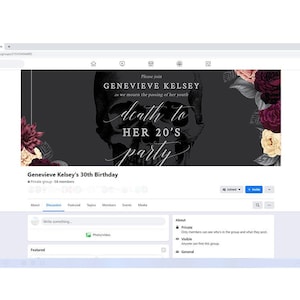 May include: A Facebook group page for Genevieve Kelsey's 30th birthday party. The cover photo features a black and white skull with the text "death to her 20's party". The skull is surrounded by red and white flowers.