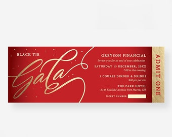 Gala Ticket Editable Template, Admit One Printable Digital Download, Red and Gold Holiday Ticket Invitation, Event Tickets