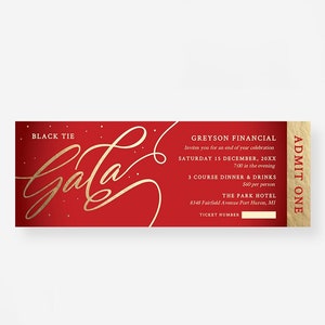 Gala Ticket bearbeitbare Vorlage, geben Sie einen druckbaren digitalen Download zu, rote und goldene Urlaubsticketeinladung, Ereigniskarten