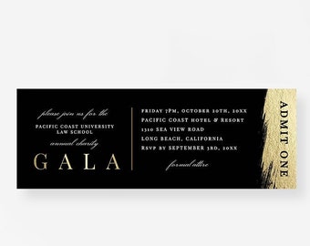 Modèle de billet de gala, faire-part de billet de gala noir et or, admet un téléchargement numérique imprimable, billets pour des événements professionnels